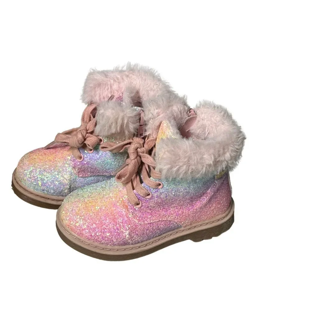 Nicole Miller New York Sparkly Pink and Rainbow Fur Lined Boots Toddler Size 7
